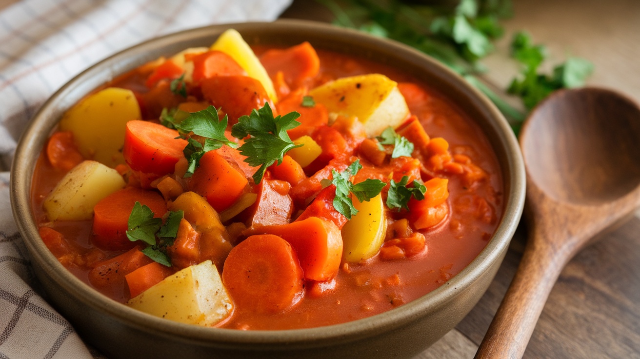 A hearty bowl of vegan goulash with colorful vegetables in a rich broth, garnished with parsley in a cozy kitchen setting.