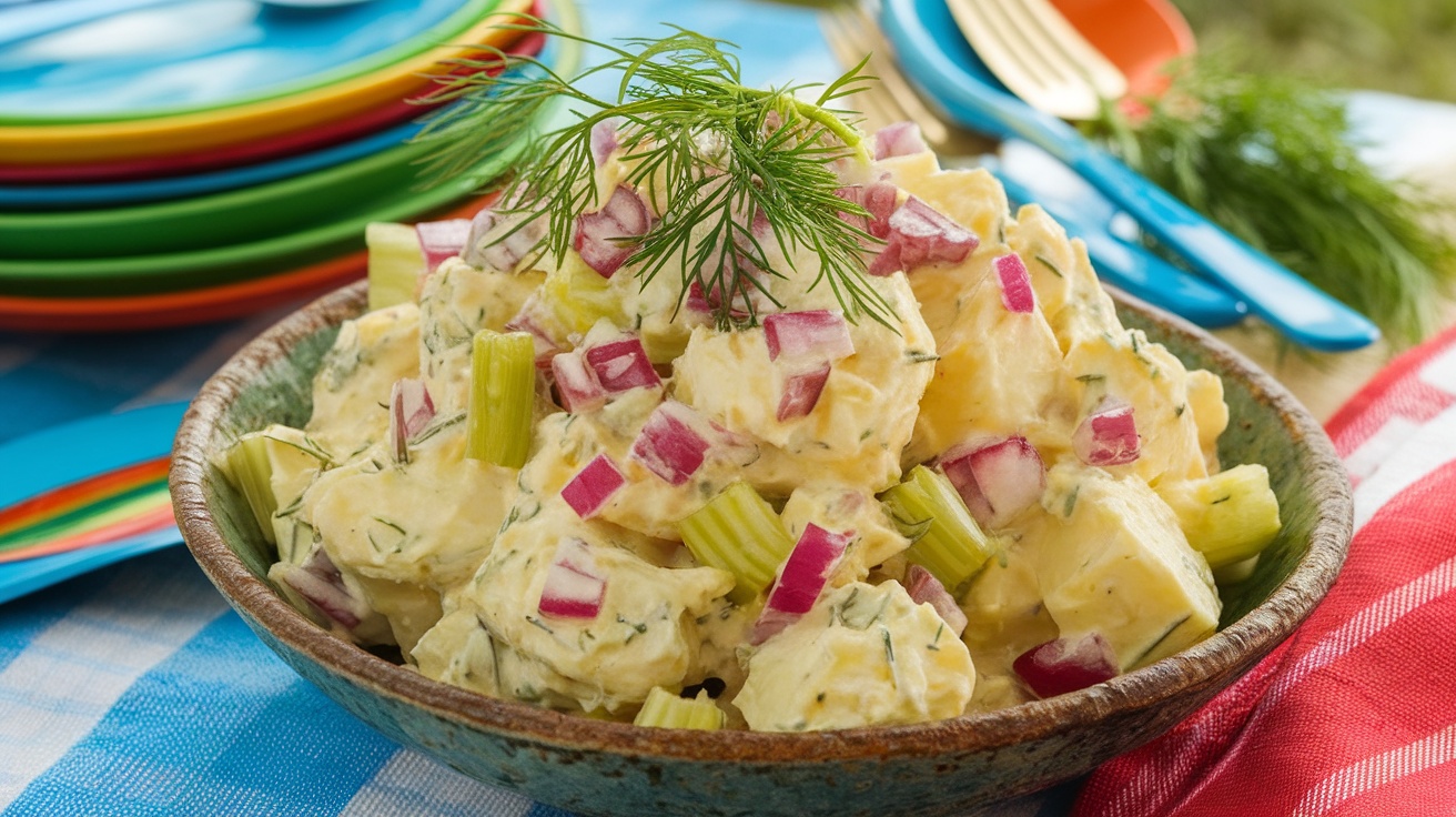 A bowl of vegan potato salad with potatoes, celery, and red onions, garnished with dill, on a picnic table.