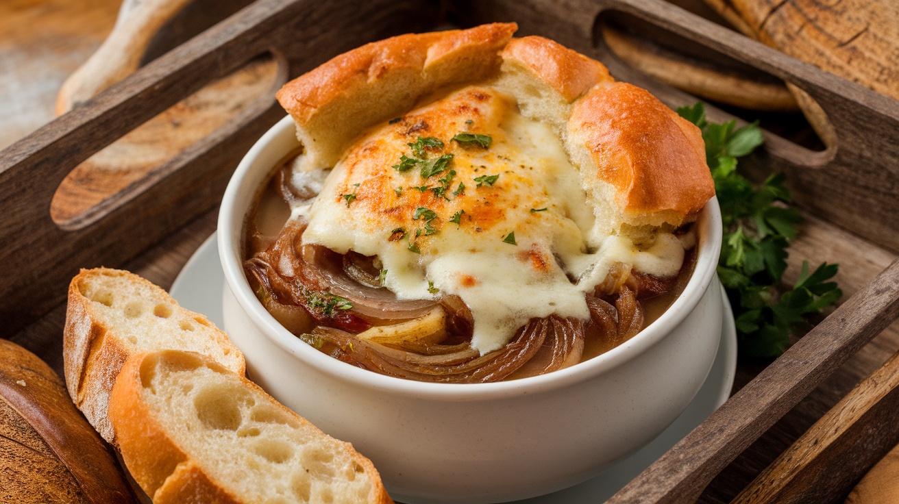 A cozy bowl of Vegan French Onion Soup with caramelized onions, topped with toasted baguette and melted cheese, garnished with parsley.