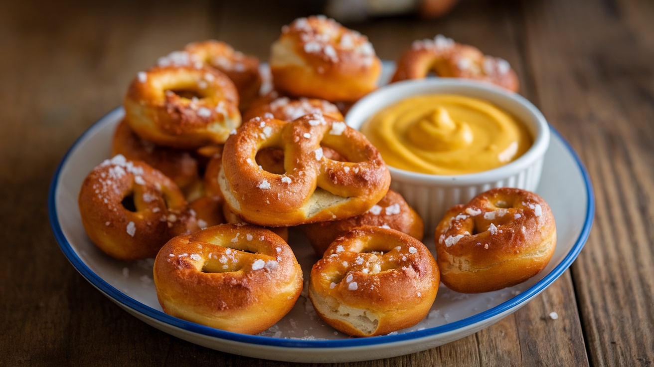 Warm vegan pretzel bites with a bowl of mustard dip on a rustic wooden table.