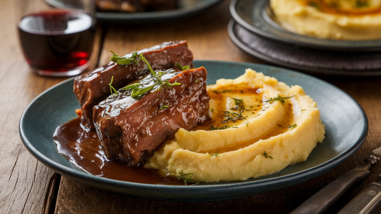 Savory braised short ribs with creamy mashed parsnips on a rustic table.