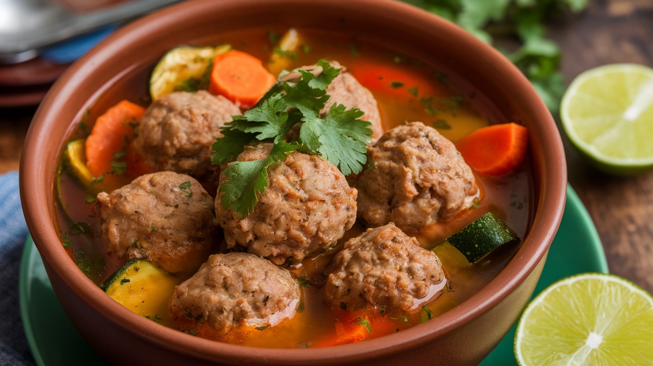 A bowl of Mexican Albondigas soup with meatballs, carrots, zucchini, garnished with cilantro, presented in a rustic setting.