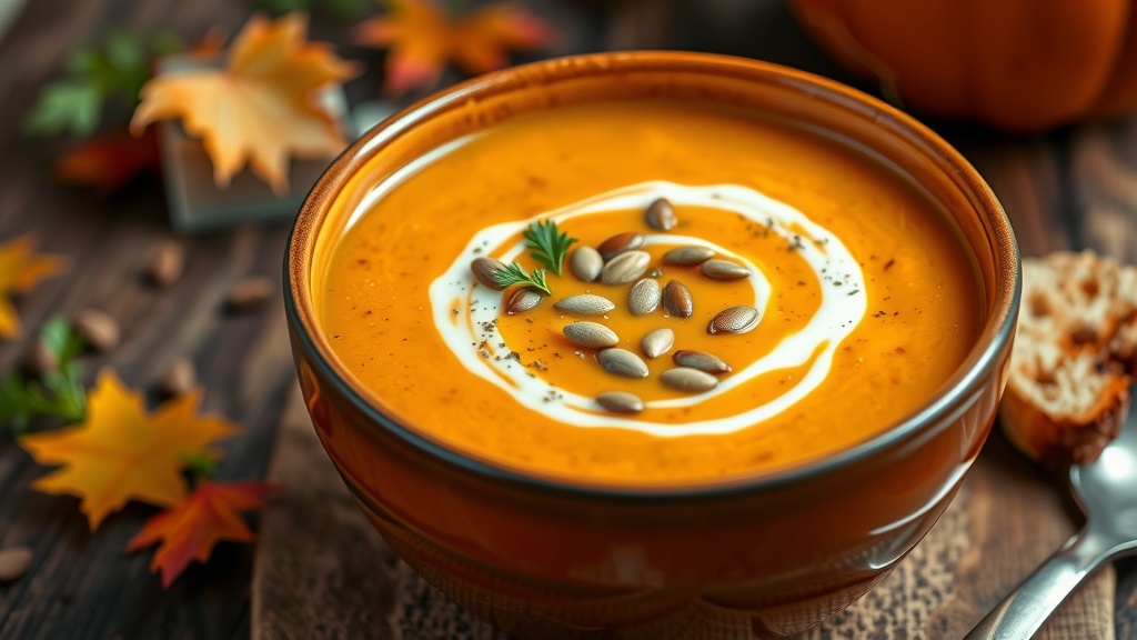 A cozy bowl of warm and spiced pumpkin soup, garnished with pumpkin seeds, on a rustic table with autumn decor.