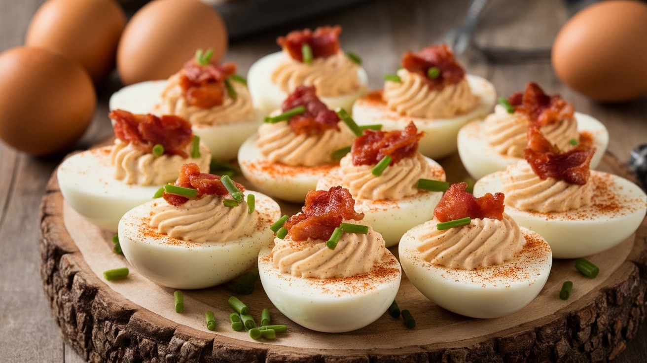 A delicious platter of Bacon Ranch Deviled Eggs garnished with bacon and chives on a wooden board.