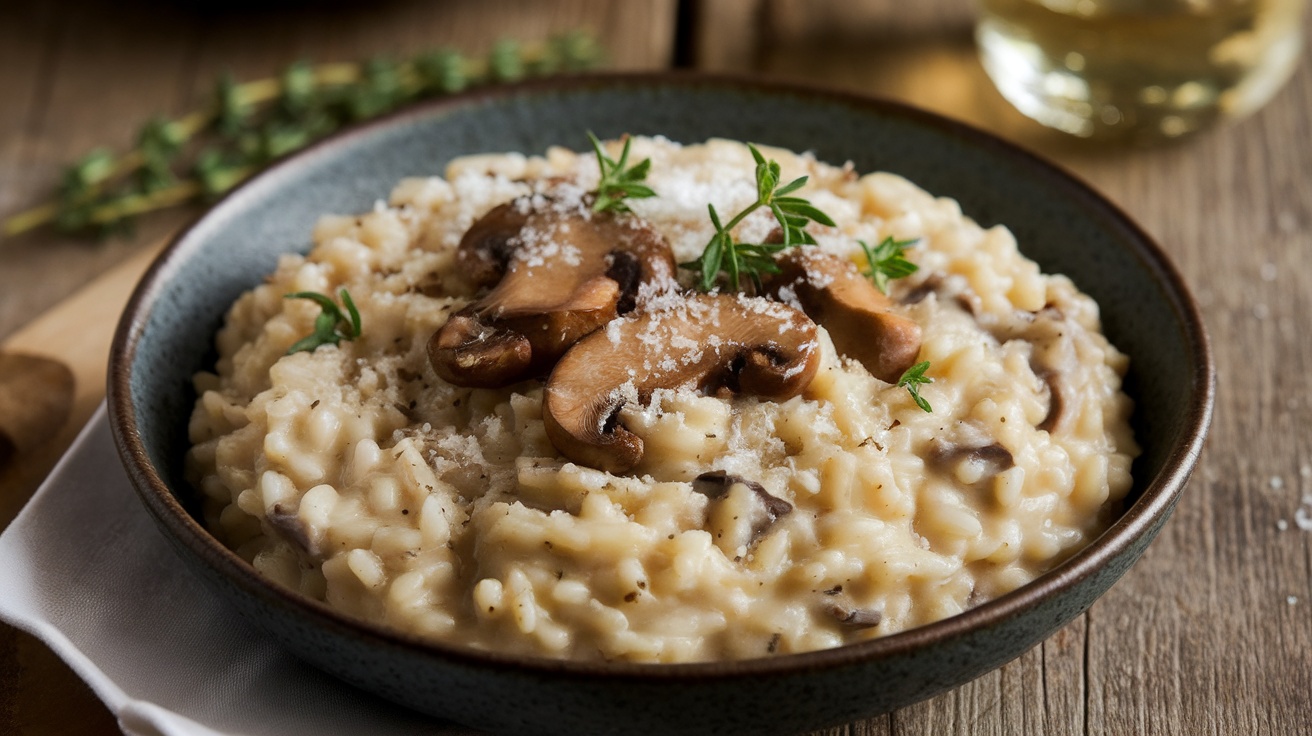 A bowl of creamy mushroom risotto with herbs and cheese, placed on a wooden table.