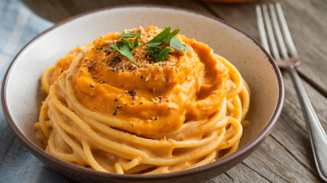 A bowl of vibrant vegan pumpkin pasta sauce over spaghetti, garnished with parsley and nutritional yeast.