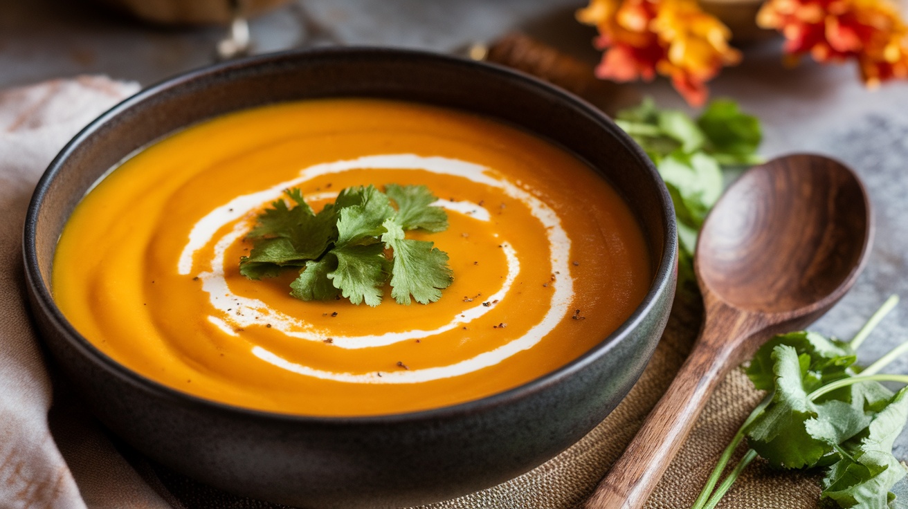 Creamy roasted butternut squash soup with coconut milk, garnished with cilantro in a cozy kitchen setting.