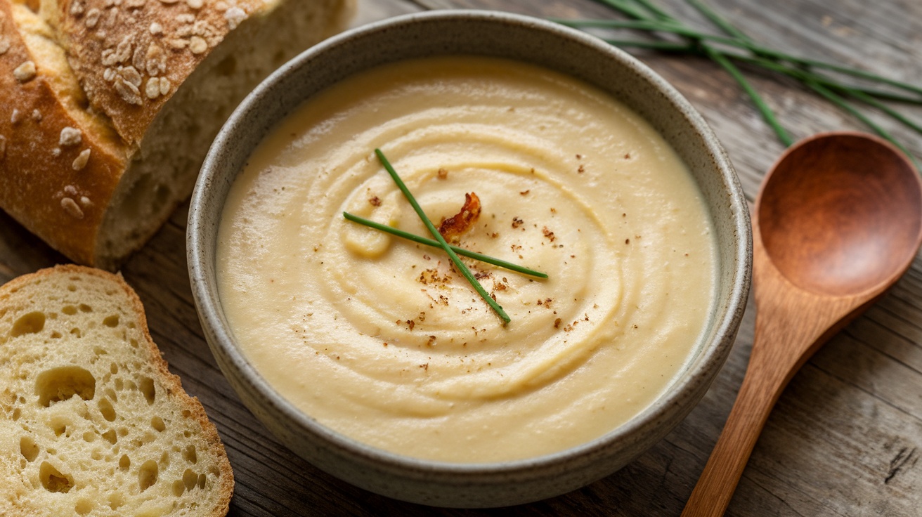 Creamy roasted garlic cauliflower soup in a bowl with chives and gluten-free bread on a rustic table.