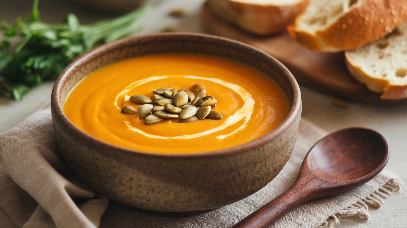 Creamy orange butternut squash soup garnished with pumpkin seeds in a cozy kitchen atmosphere.