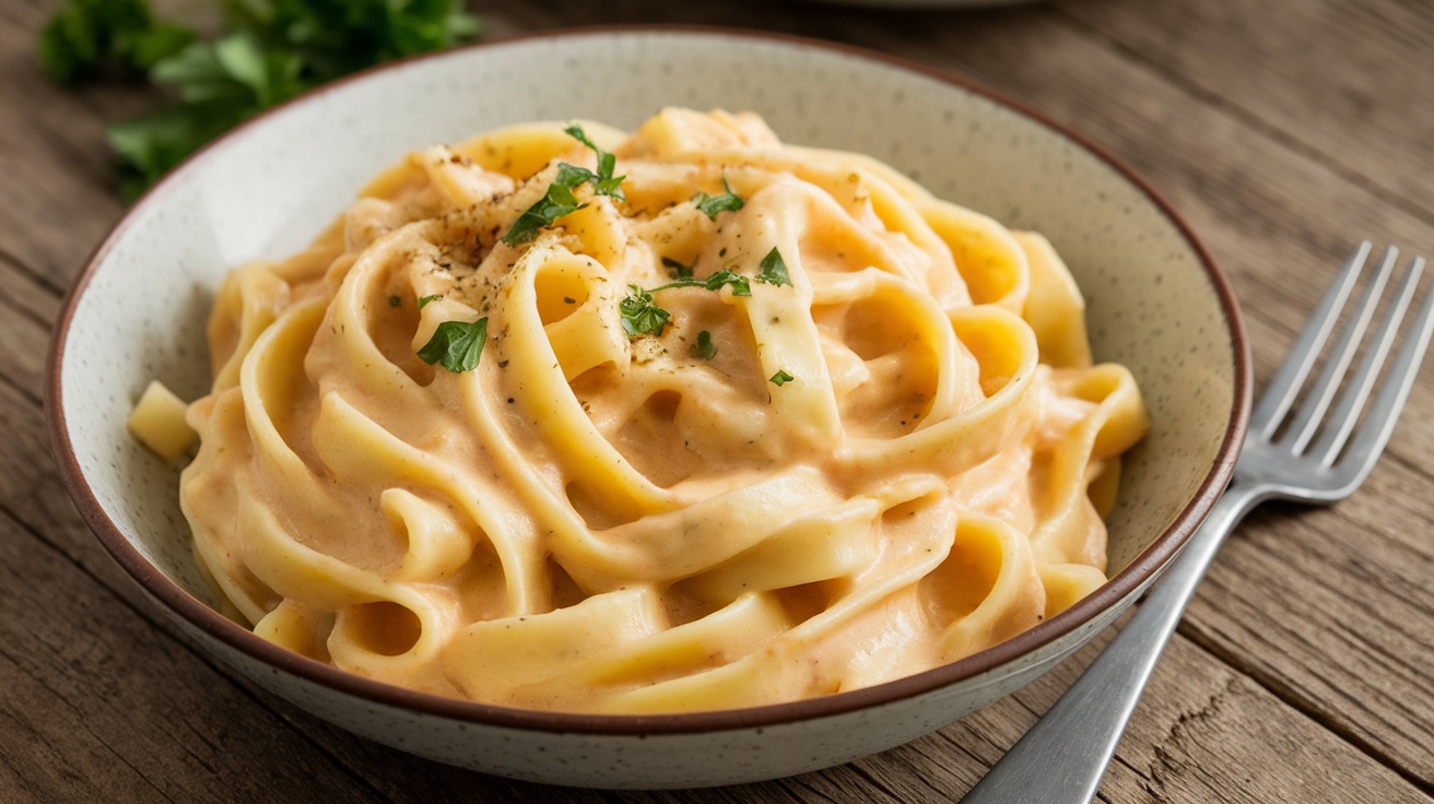 Creamy vegan fettuccine alfredo in a bowl, garnished with parsley, on a rustic wooden table.