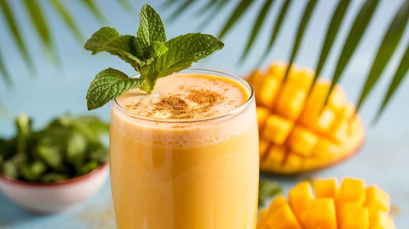 A glass of vegan mango lassi garnished with mint, surrounded by mango slices and a bowl of mint leaves.