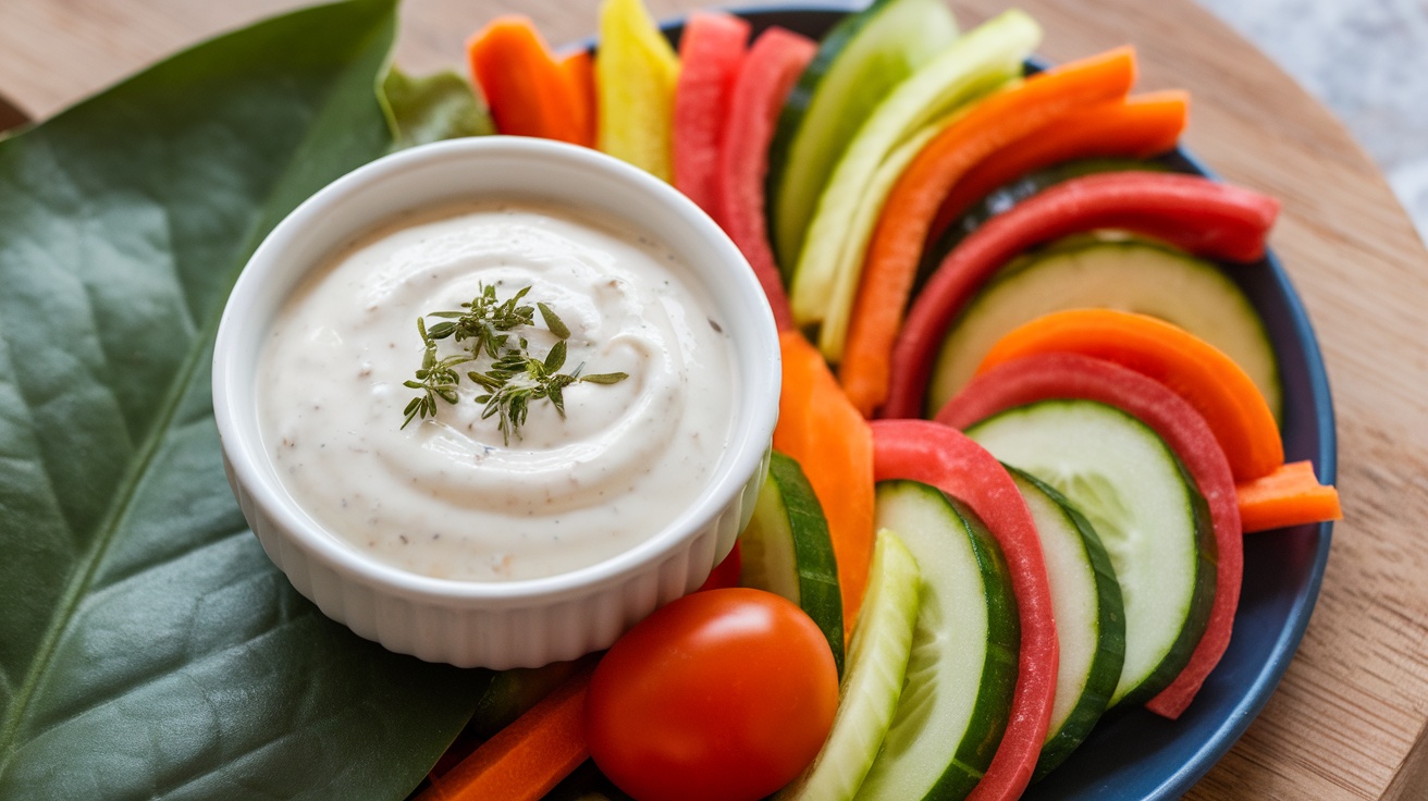 A bowl of vegan ranch dressing with fresh herbs, surrounded by colorful vegetables for dipping.