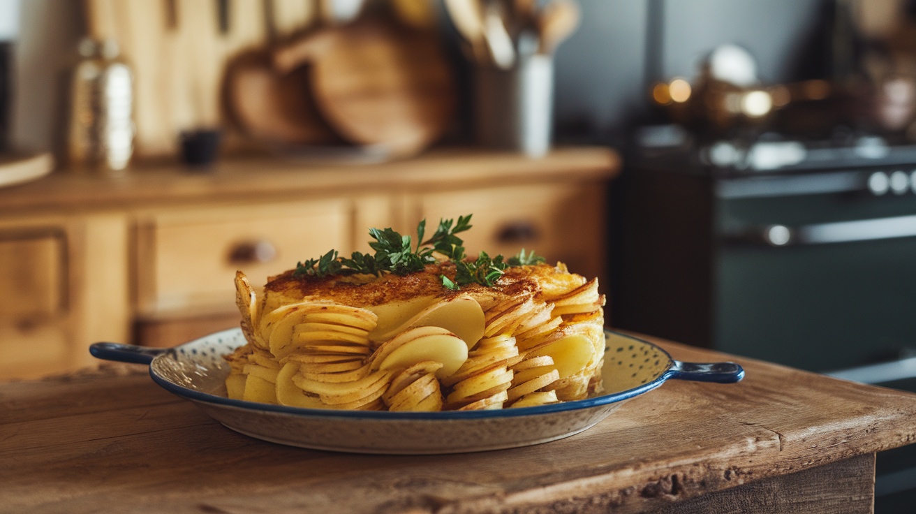 Vegan scalloped potatoes with creamy cashew sauce, garnished with parsley, served in a rustic dish on a wooden table.