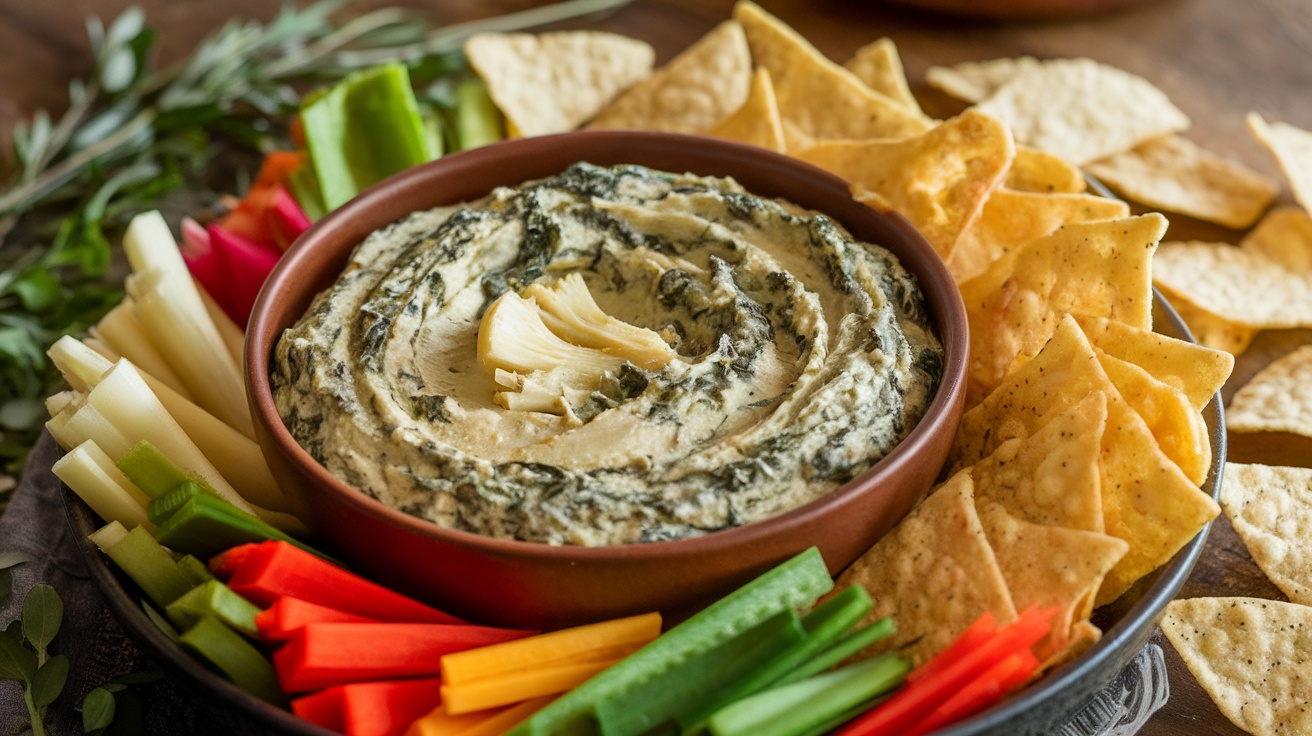 A creamy bowl of vegan spinach artichoke dip surrounded by fresh veggies and tortilla chips on a rustic table.