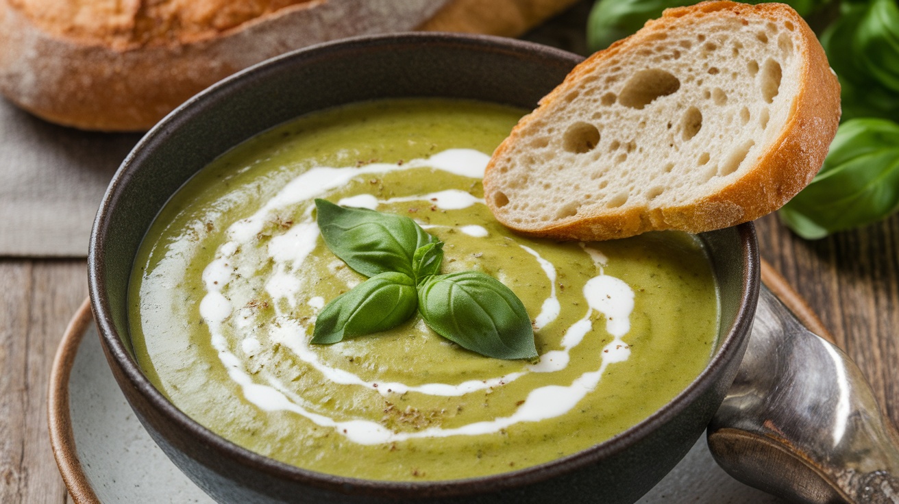 Creamy zucchini and basil soup in a bowl, garnished with basil and coconut cream, with bread on a rustic table.