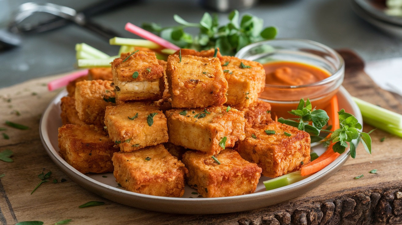 Crispy vegan tofu nuggets on a plate with dipping sauce and vegetable sticks.