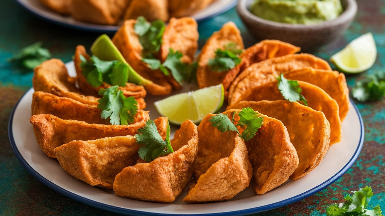 Crispy plantain tostones served with lime and guacamole on a rustic table.