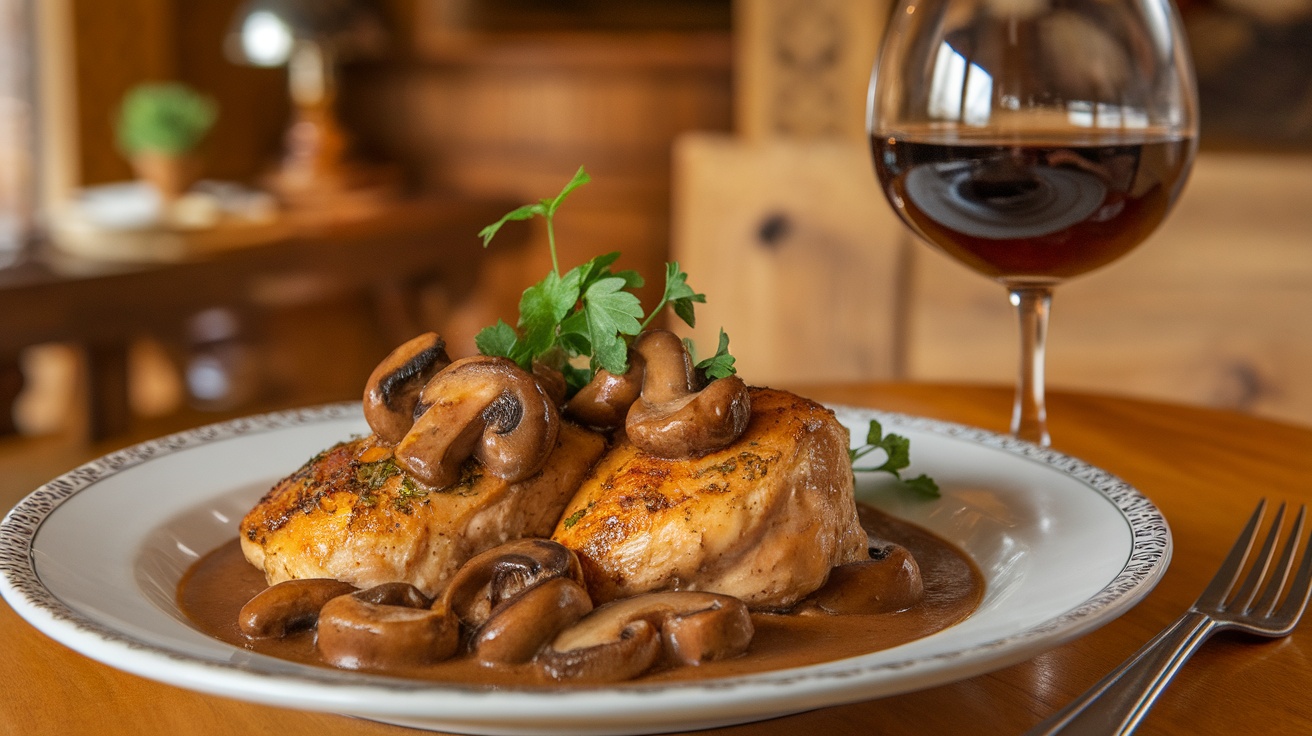 Plate of gluten-free chicken marsala with mushrooms and parsley, served with wine.