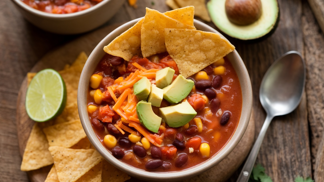 A hearty bowl of Slow Cooker Taco Soup topped with cheese, avocado, and tortilla chips.