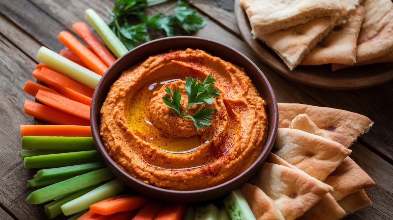 A colorful bowl of vegan roasted red pepper hummus garnished with olive oil and parsley, served with vegetable sticks and pita on a wooden table.