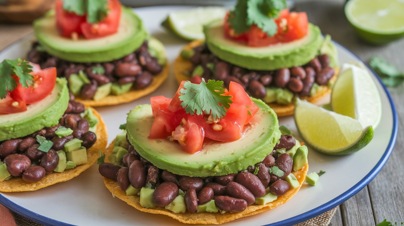 Crispy vegan tostadas topped with black beans, tomatoes, avocado, and cilantro on a rustic table.