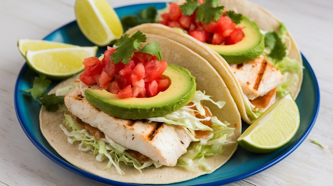 Grilled fish tacos with gluten-free tortillas topped with cabbage, tomatoes, and avocado, served with lime wedges.