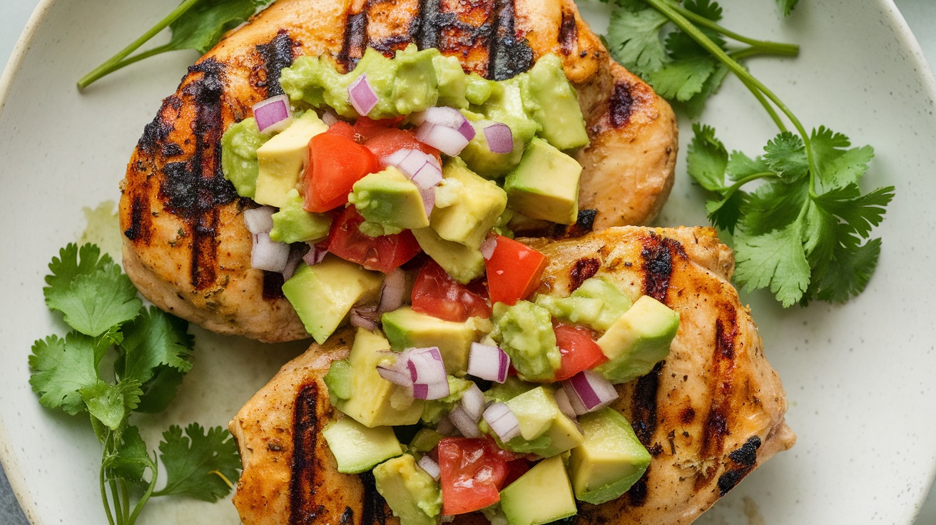 Grilled cilantro lime chicken topped with avocado salsa, served on a white plate with fresh cilantro garnish.