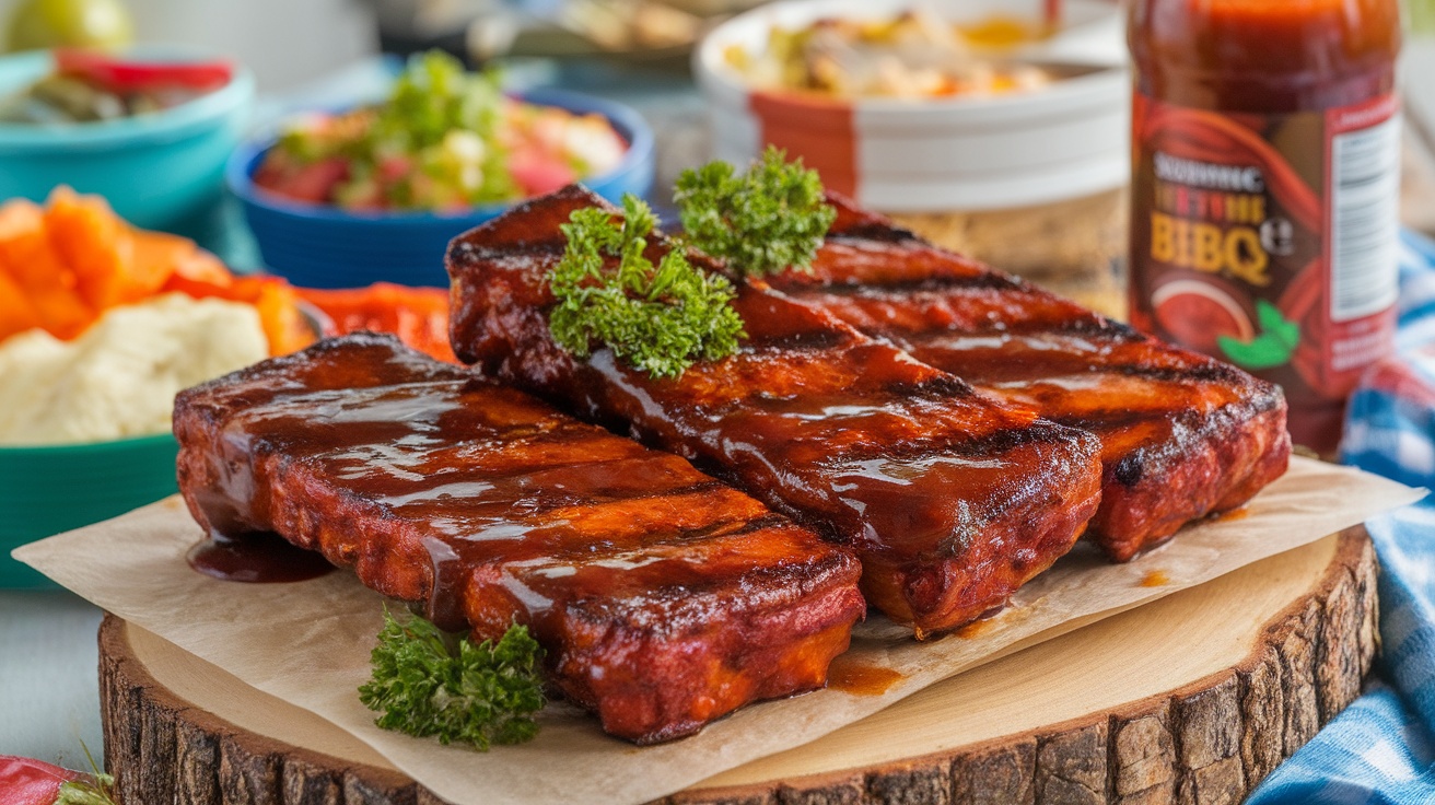 Grilled vegan BBQ tempeh ribs on a wooden board, garnished with parsley and BBQ sauce.