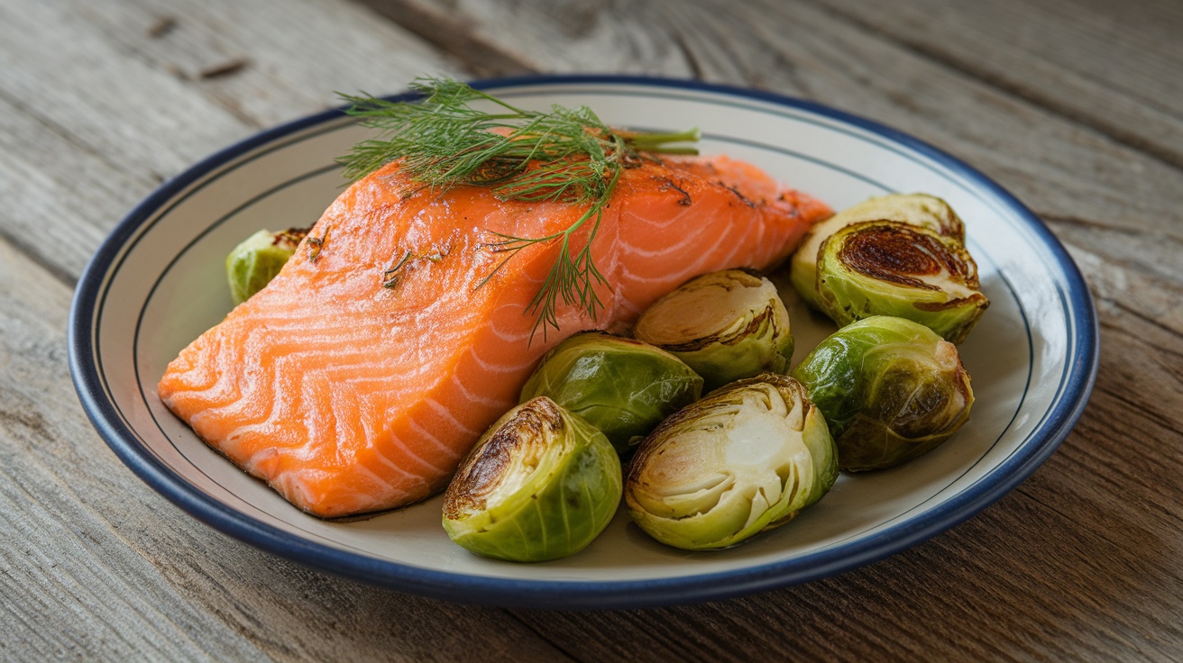 Baked salmon with dill and roasted Brussels sprouts on a rustic plate.