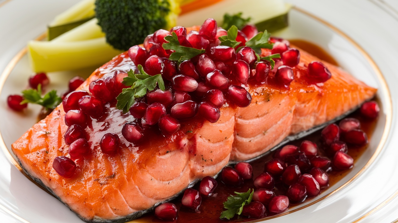 Baked salmon fillet with pomegranate glaze, garnished with pomegranate seeds and parsley on a white plate.