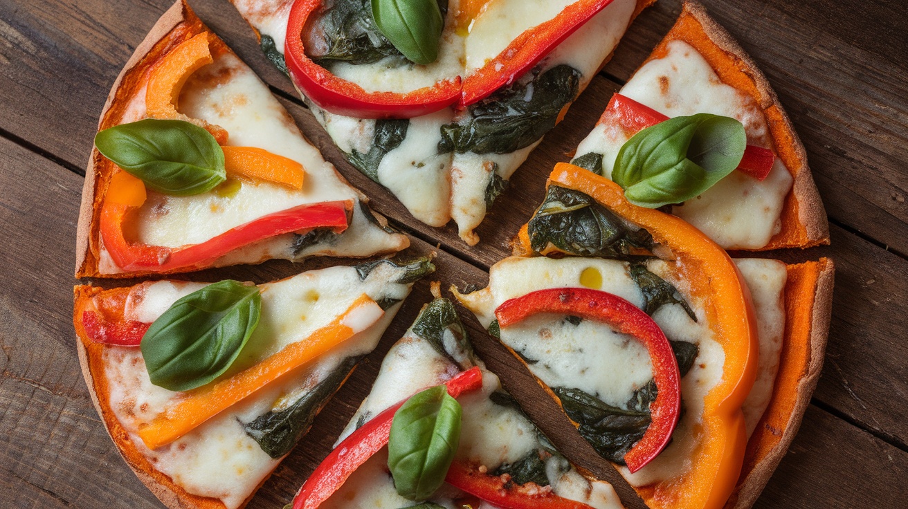 Gluten-free veggie pizza with sweet potato crust topped with colorful vegetables and cheese on a wooden table.