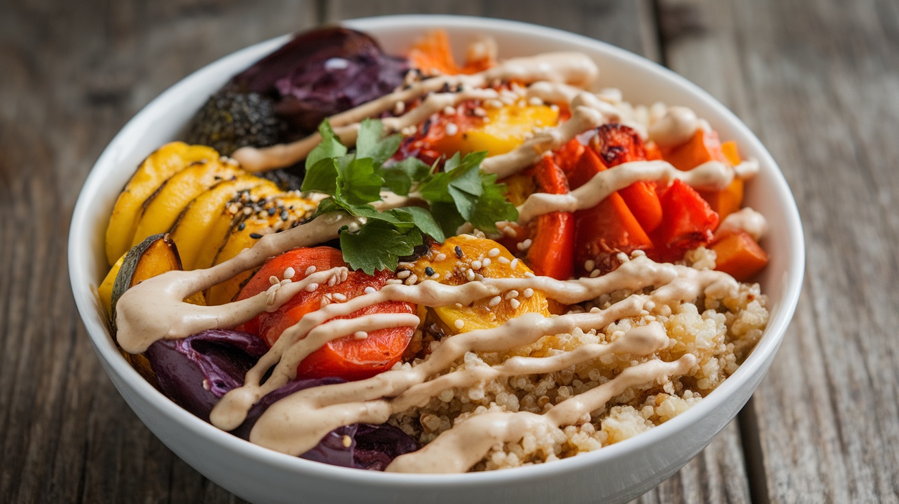 A colorful Buddha bowl featuring roasted vegetables, quinoa, and tahini dressing, garnished with parsley and sesame seeds.