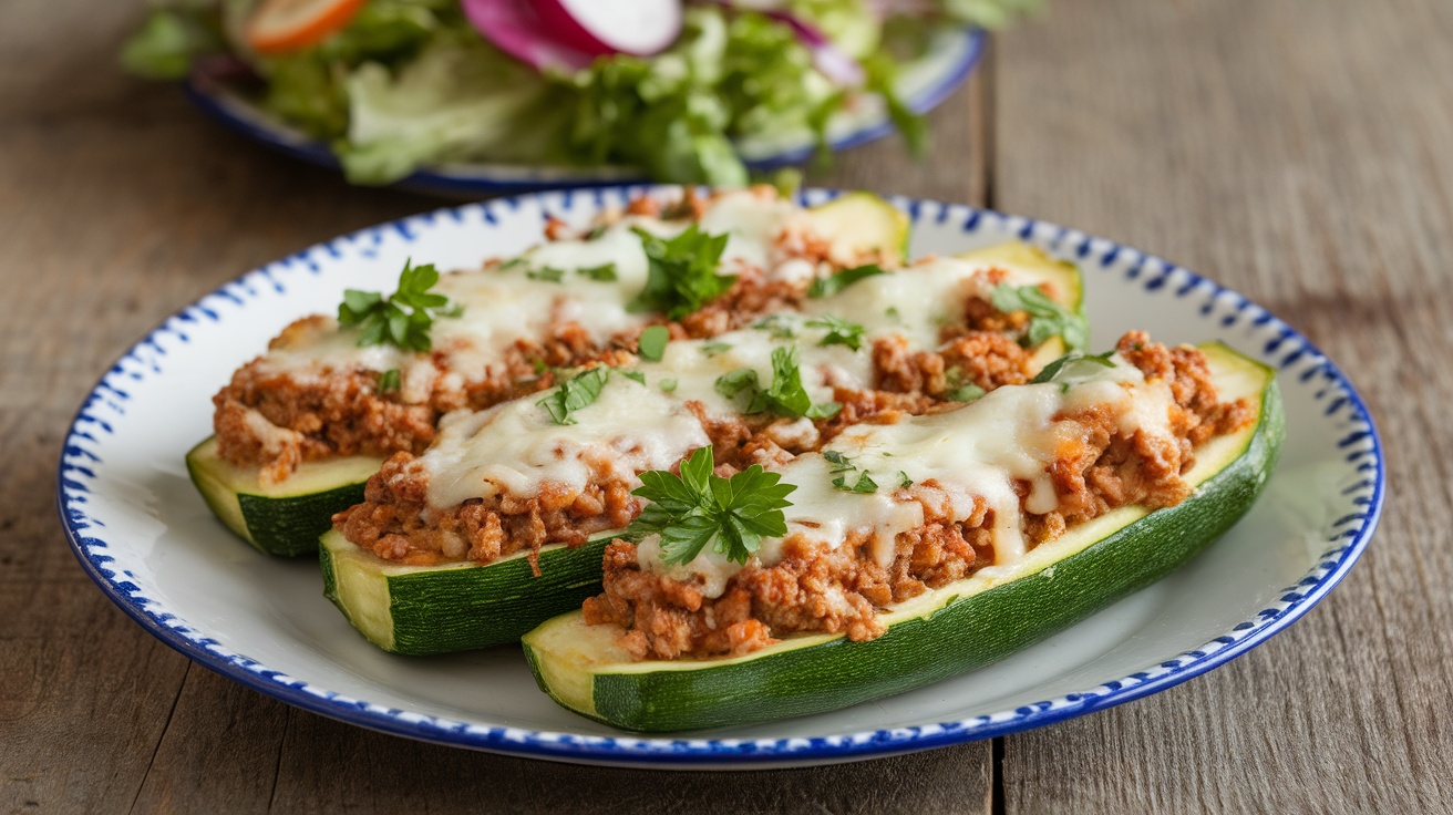 Stuffed zucchini boats filled with ground turkey, topped with cheese, garnished with parsley, on a rustic table.