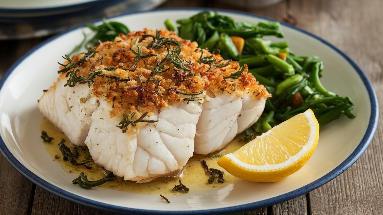 A plate of oven-roasted cod fillet with herb crust, served with lemon wedges and green vegetables.