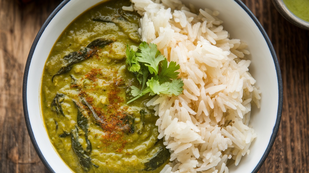 A bowl of Indian Spinach Dal with basmati rice, garnished with cilantro, on a rustic wooden table.