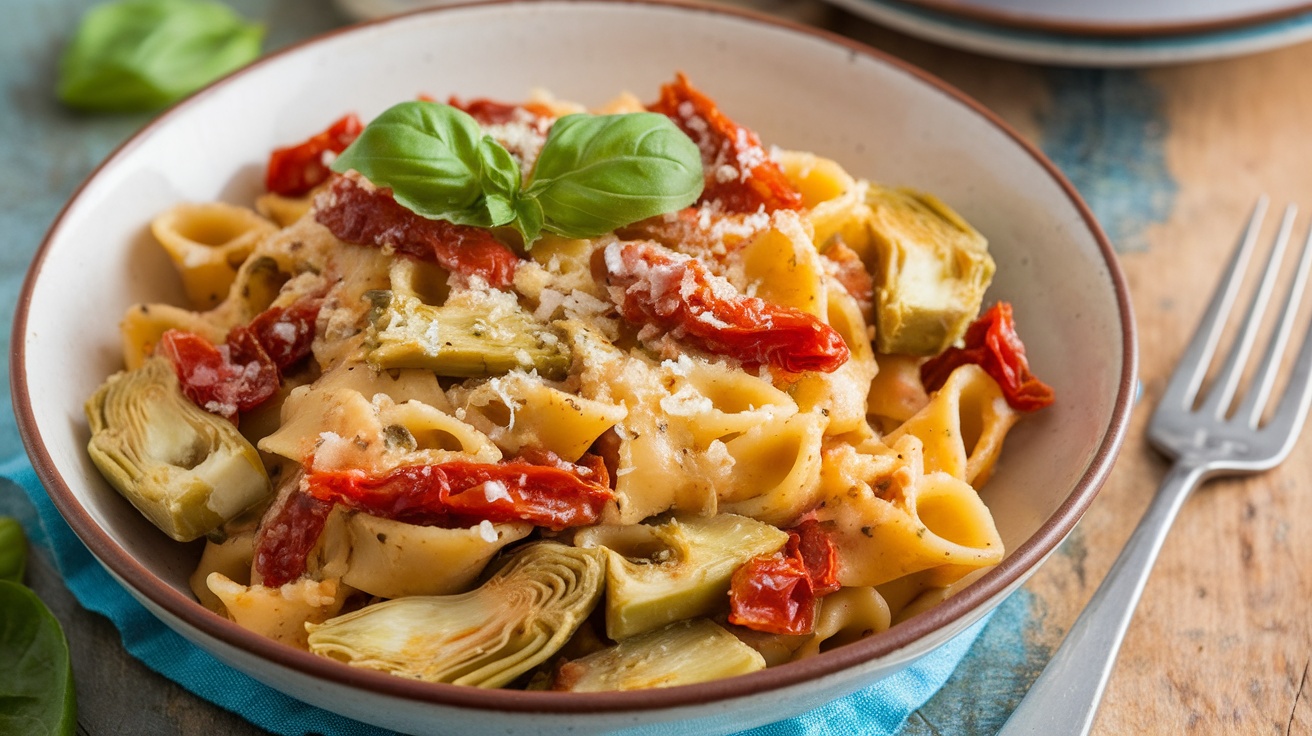 A bowl of Vegan Artichoke and Sun-Dried Tomato Pasta garnished with fresh basil and vegan parmesan, on a wooden table.