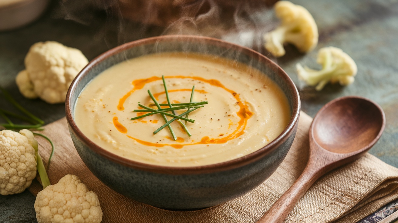 A comforting bowl of creamy cauliflower and cheddar soup garnished with chives on a rustic wooden table.