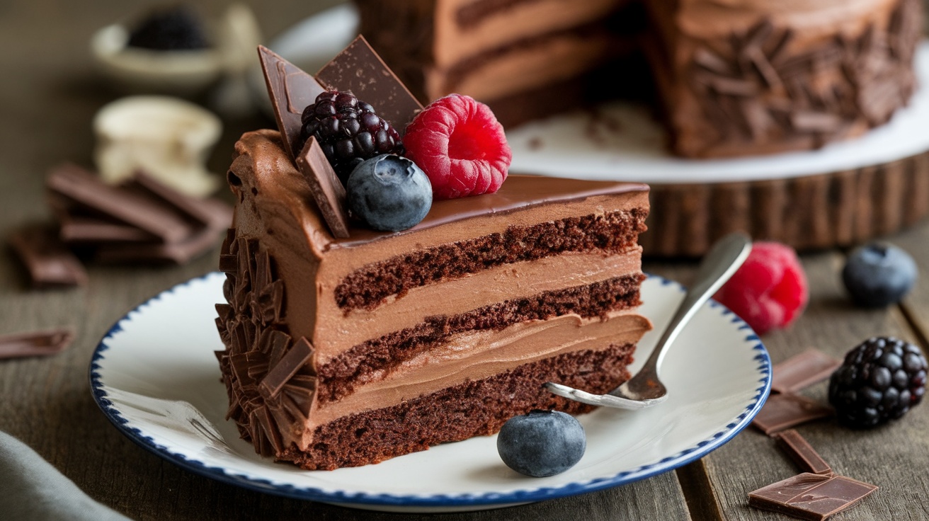 Slice of vegan chocolate cake with rich frosting and chocolate shavings, on a rustic wooden table.