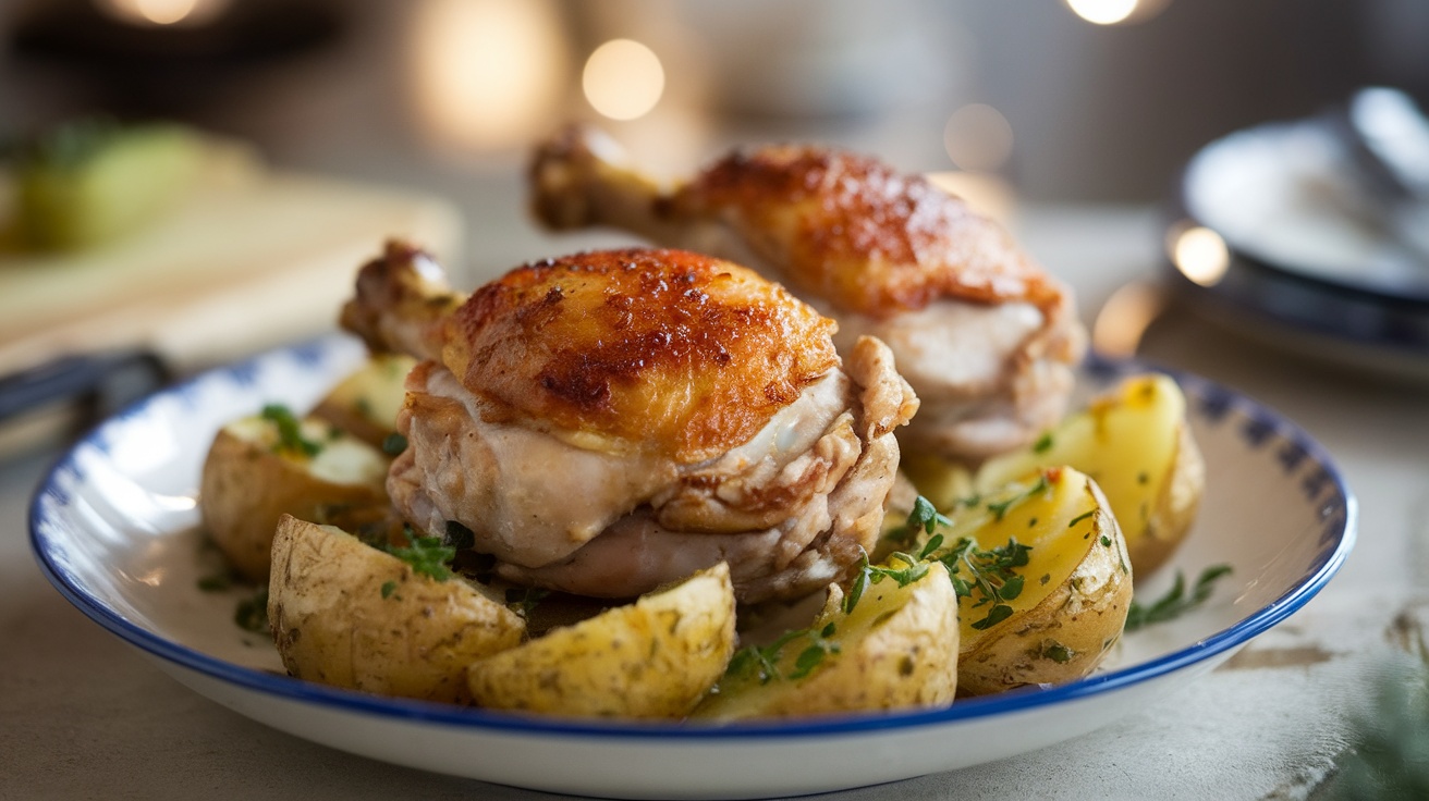 Roasted chicken thighs on a plate with garlic potatoes, garnished with herbs, set on a rustic dining table.