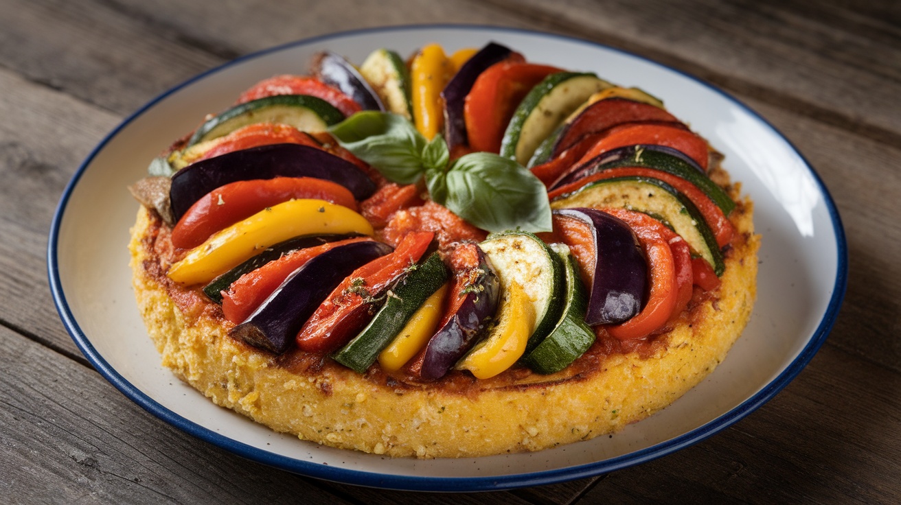 Baked polenta topped with ratatouille vegetables, garnished with basil, on a rustic wooden table.