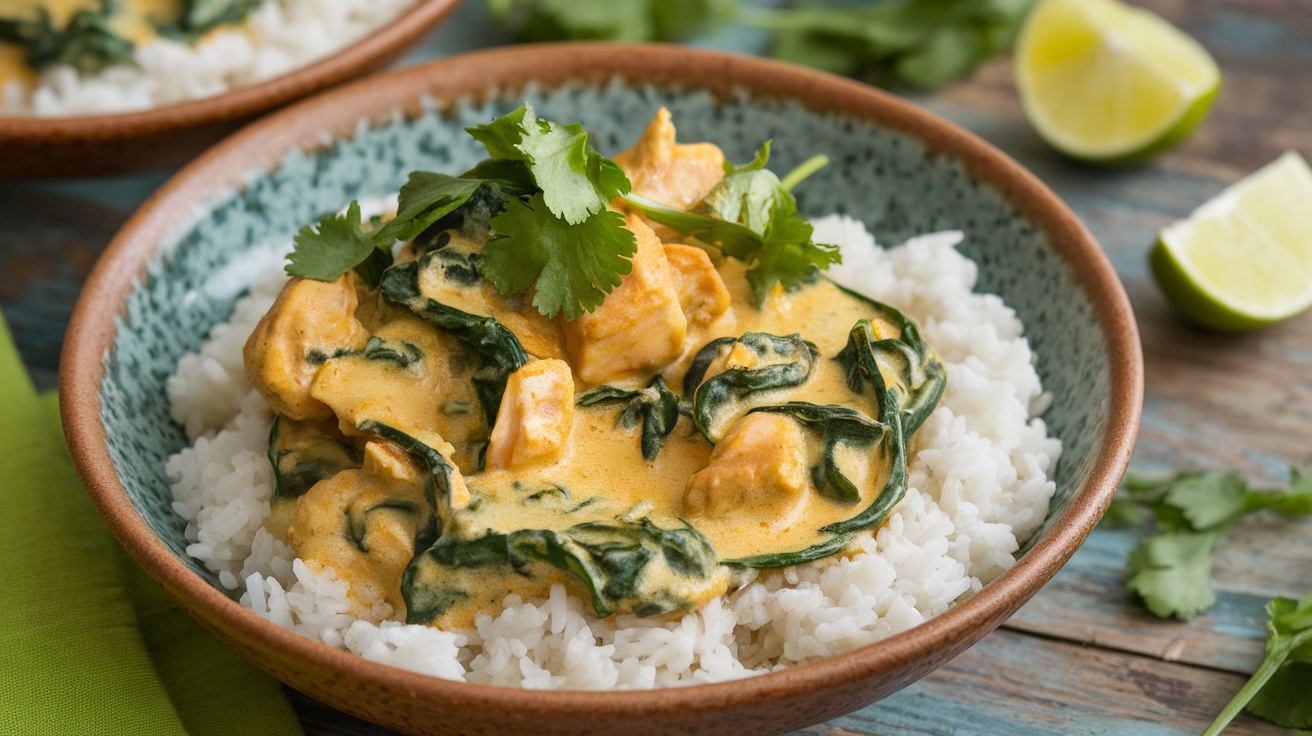 A bowl of Chicken and Spinach Coconut Curry with rice and lime wedges on a rustic table.