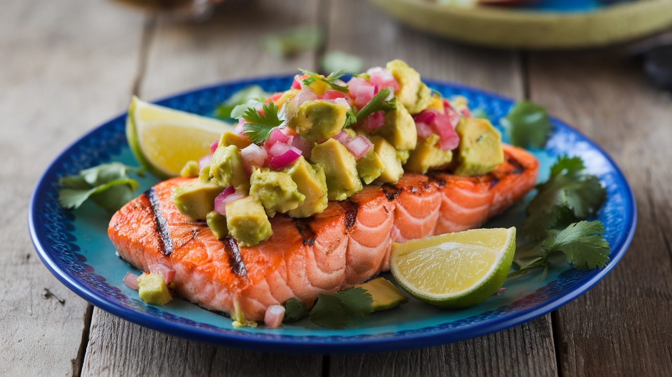 Grilled salmon fillets with avocado salsa, garnished with lime wedges and cilantro on a wooden table.