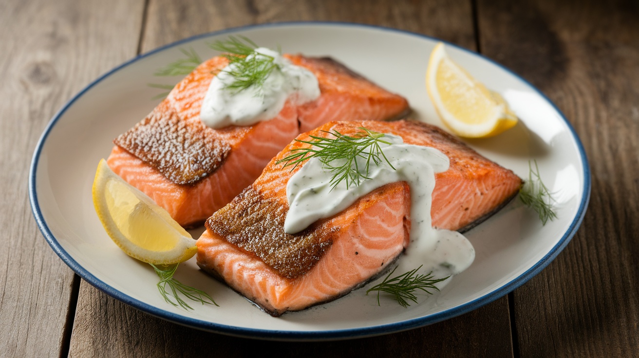 Pan-seared salmon with dill yogurt sauce, garnished with lemon and dill on a wooden table.