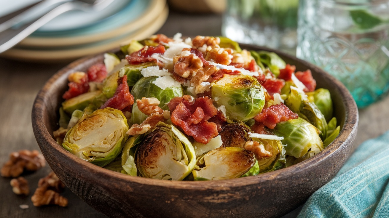 A bowl of Roasted Brussels Sprouts and Bacon Salad with crispy bacon and Parmesan cheese, served on a rustic table.