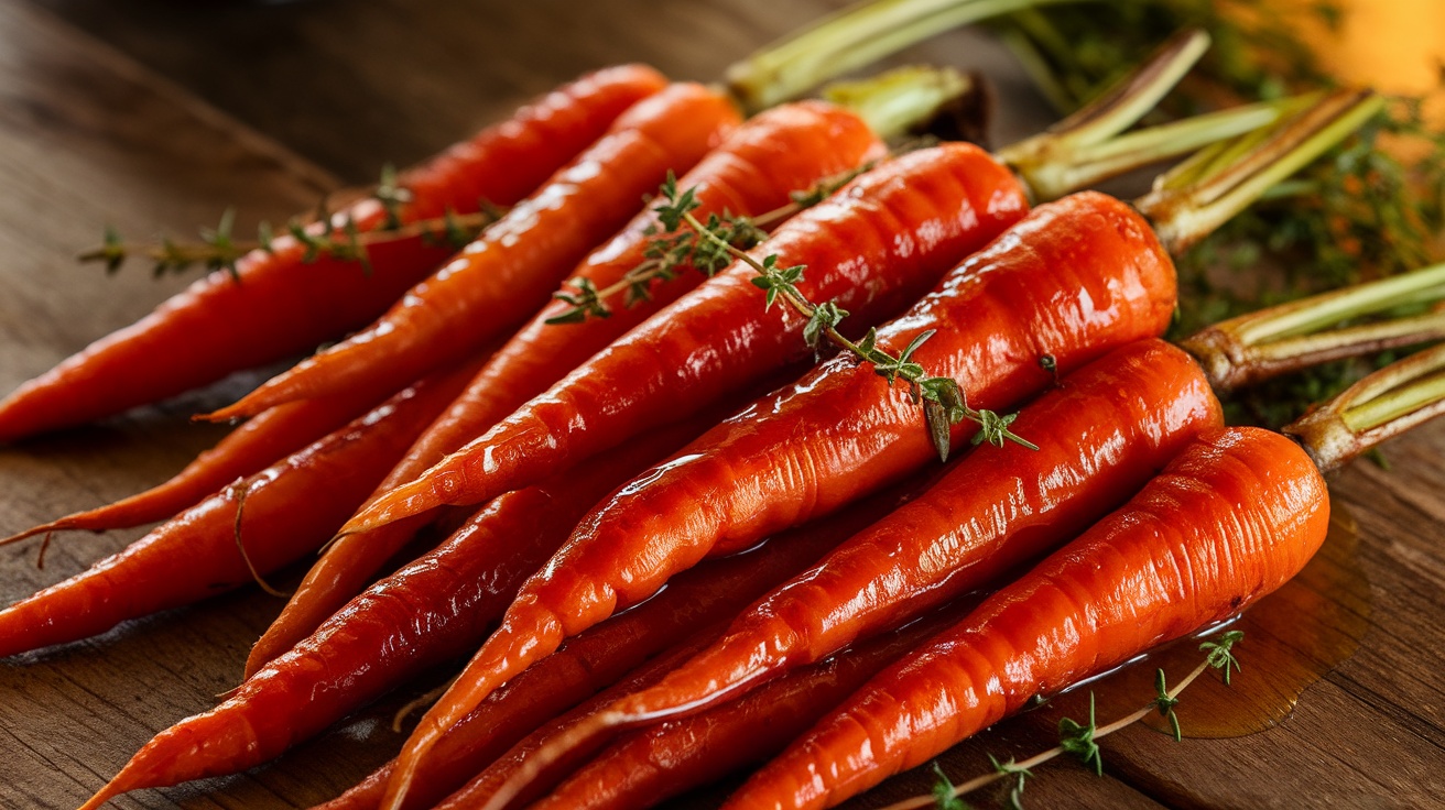 Roasted maple glazed carrots garnished with thyme on a wooden table.