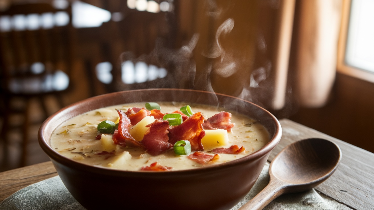 A cozy bowl of Smoky Bacon and Potato Soup, garnished with green onions, on a rustic table.