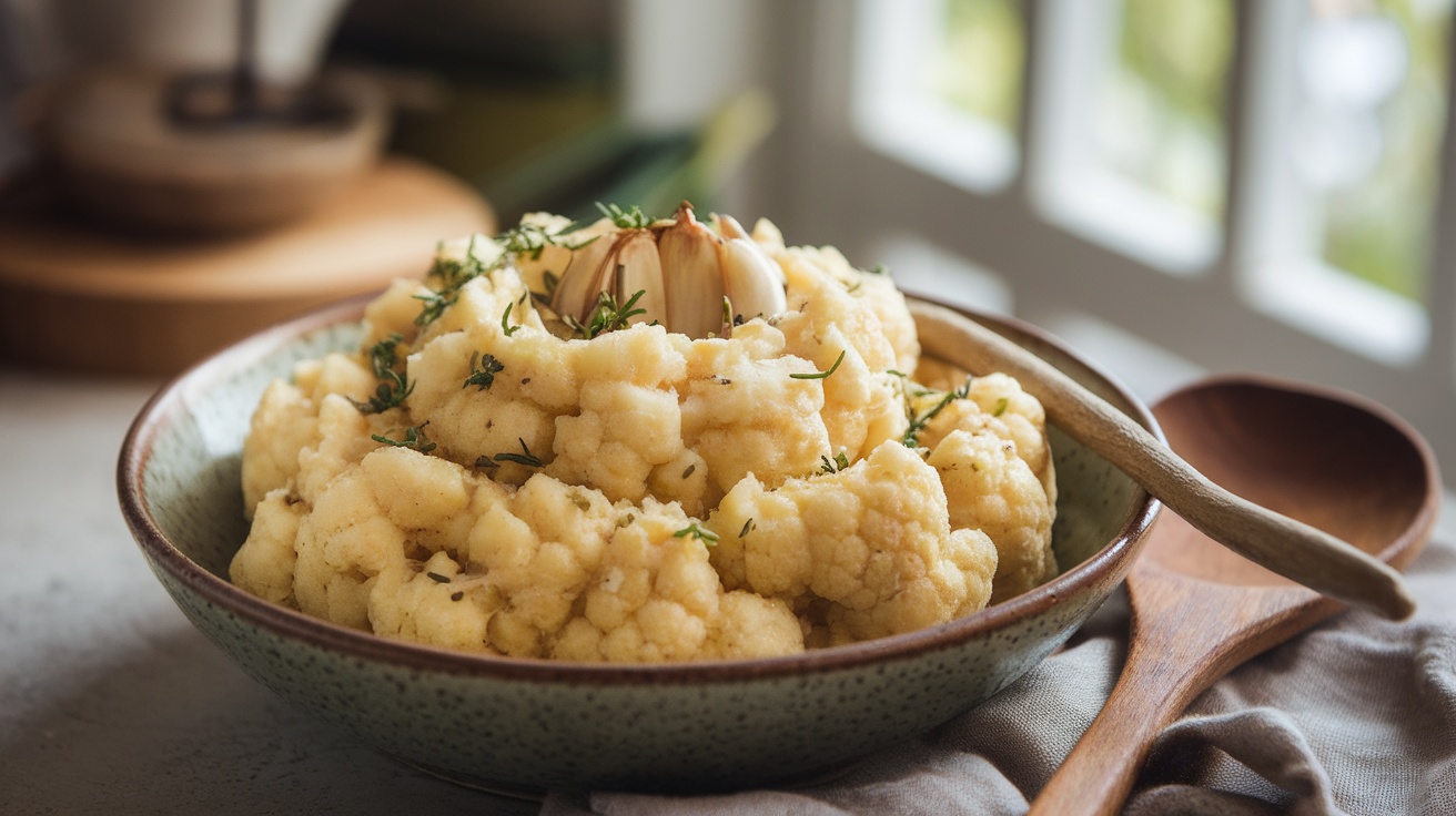 A bowl of vegan roasted garlic mashed cauliflower garnished with herbs, set in a cozy kitchen.