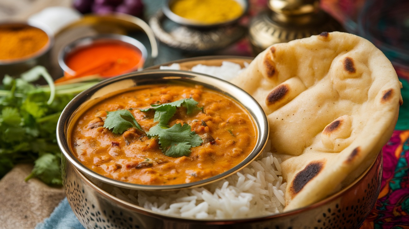 A bowl of Vegan Dal Tadka with cilantro, served with rice and naan, surrounded by spices.