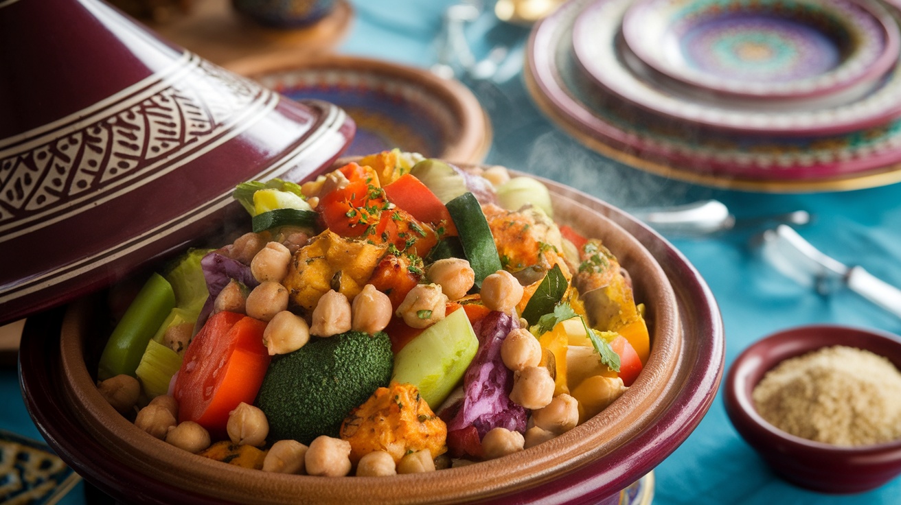 A colorful vegetable and chickpea tagine in a traditional pot, served with couscous, showcasing Moroccan cuisine.