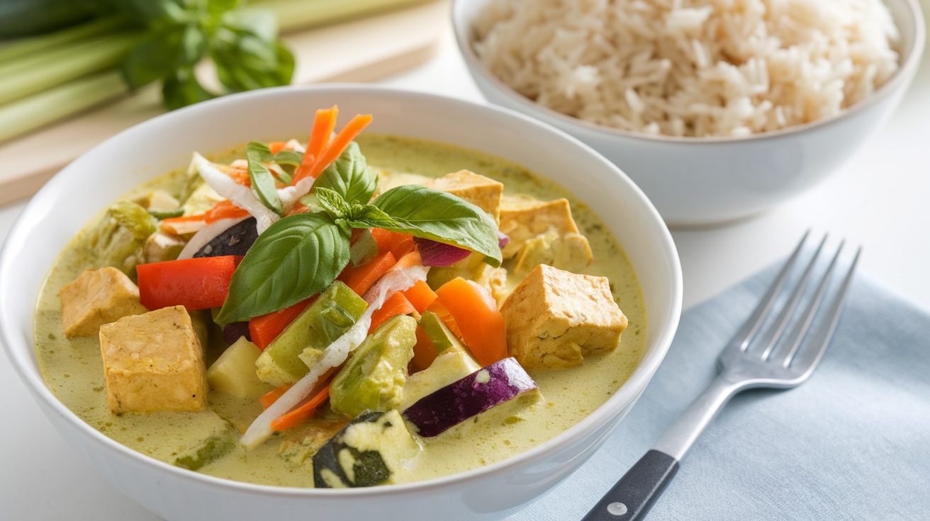 Vegan Thai Green Curry with colorful vegetables and tofu in coconut milk, served with jasmine rice.